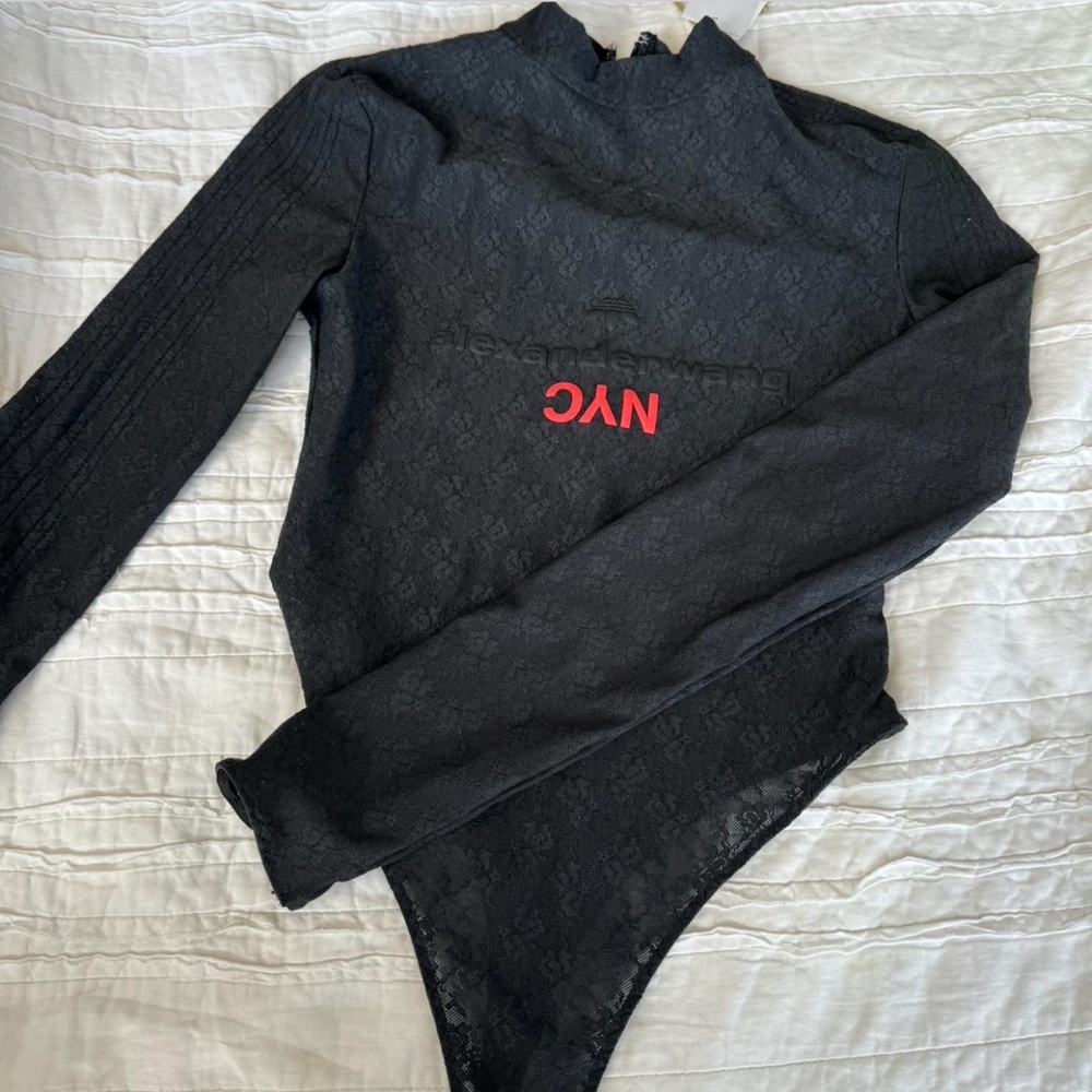 Alexander Wang Gray Lace Top with Red NYC Logo